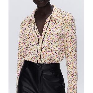 ZARA Floral Print Button Up Shirt Long Sleeve Black Trim Women XS